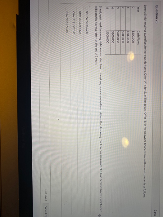  Question 25 2 pts Lorena Smith receives two offers for her