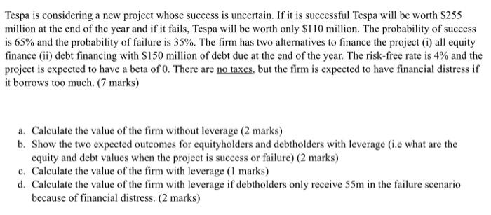  Tespa is considering a new project whose success is uncertain. If