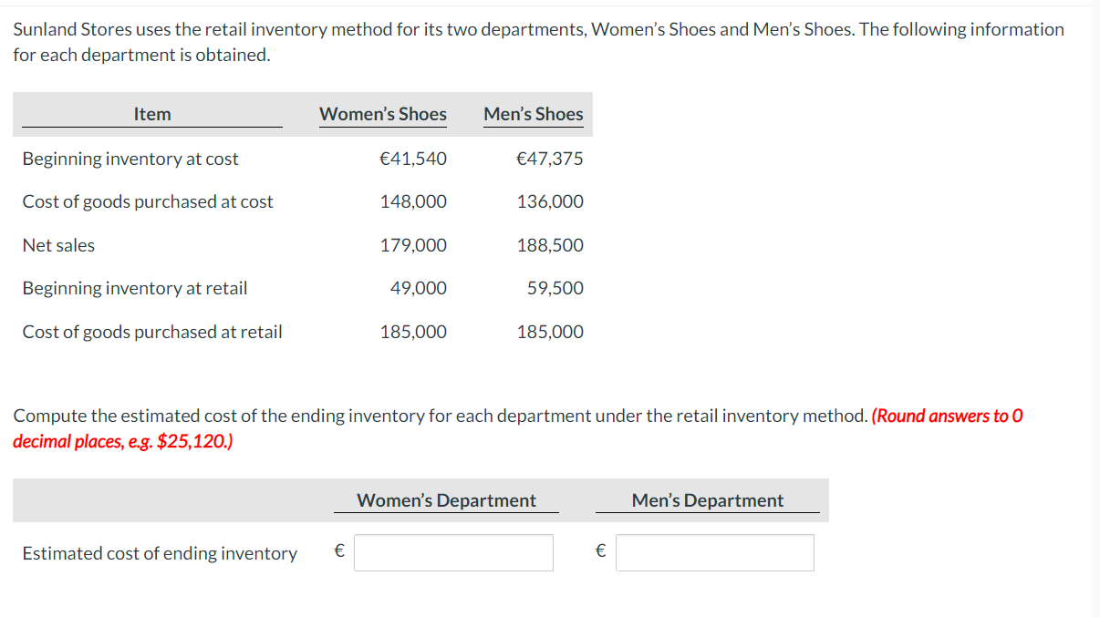 Sunland Stores uses the retail inventory method for its two departments,