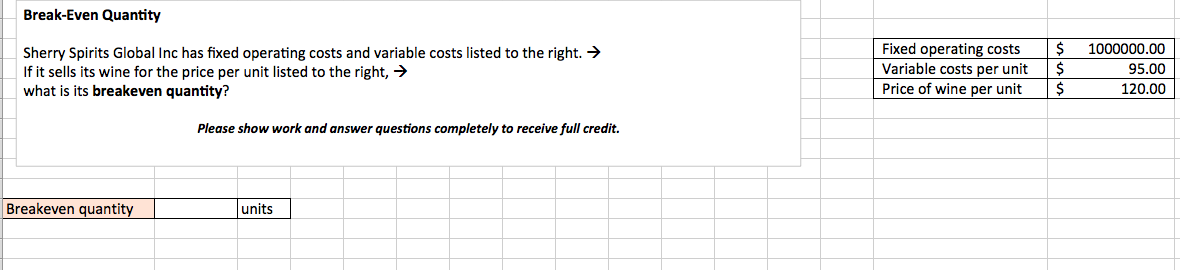  Break-Even Quantity Sherry Spirits Global Inc has fixed operating costs and