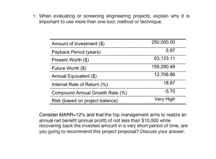  1. When evaluating or screening engineering projects, explain why it is