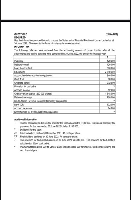  QUESTION 3 (20 MARKS) REQUIRED Use the information provided below to