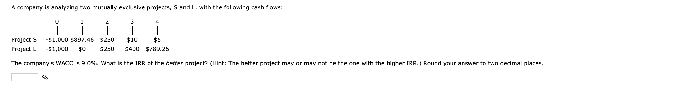  A company is analyzing two mutually exclusive projects, S and L,
