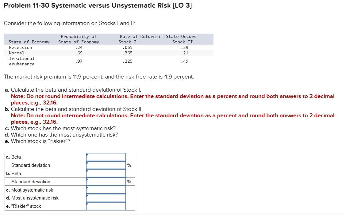  Problem 11-30 Systematic versus Unsystematic Risk [LO 3] Consider the following