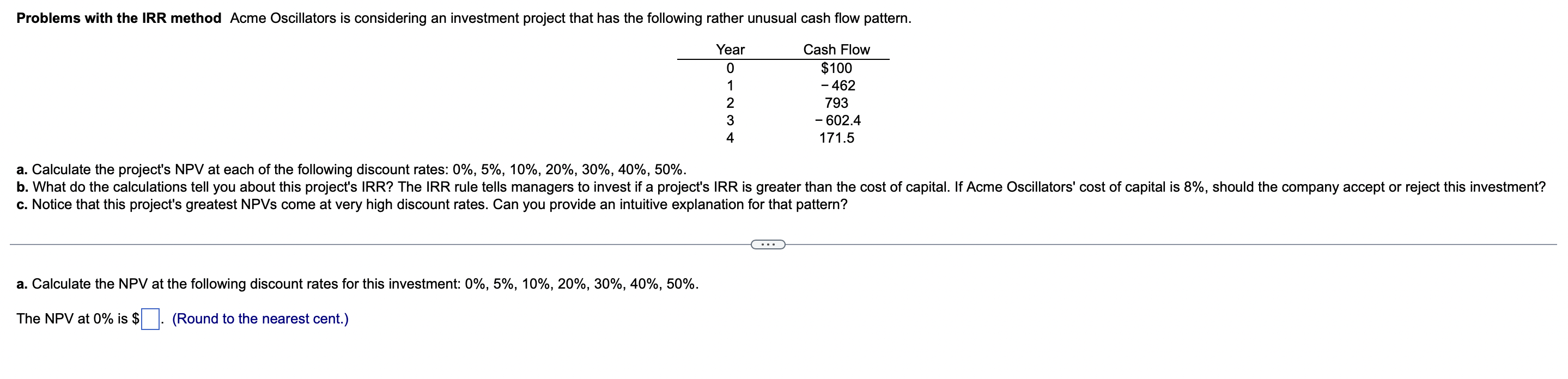 Problems with the IRR method Acme Oscillators is considering an investment