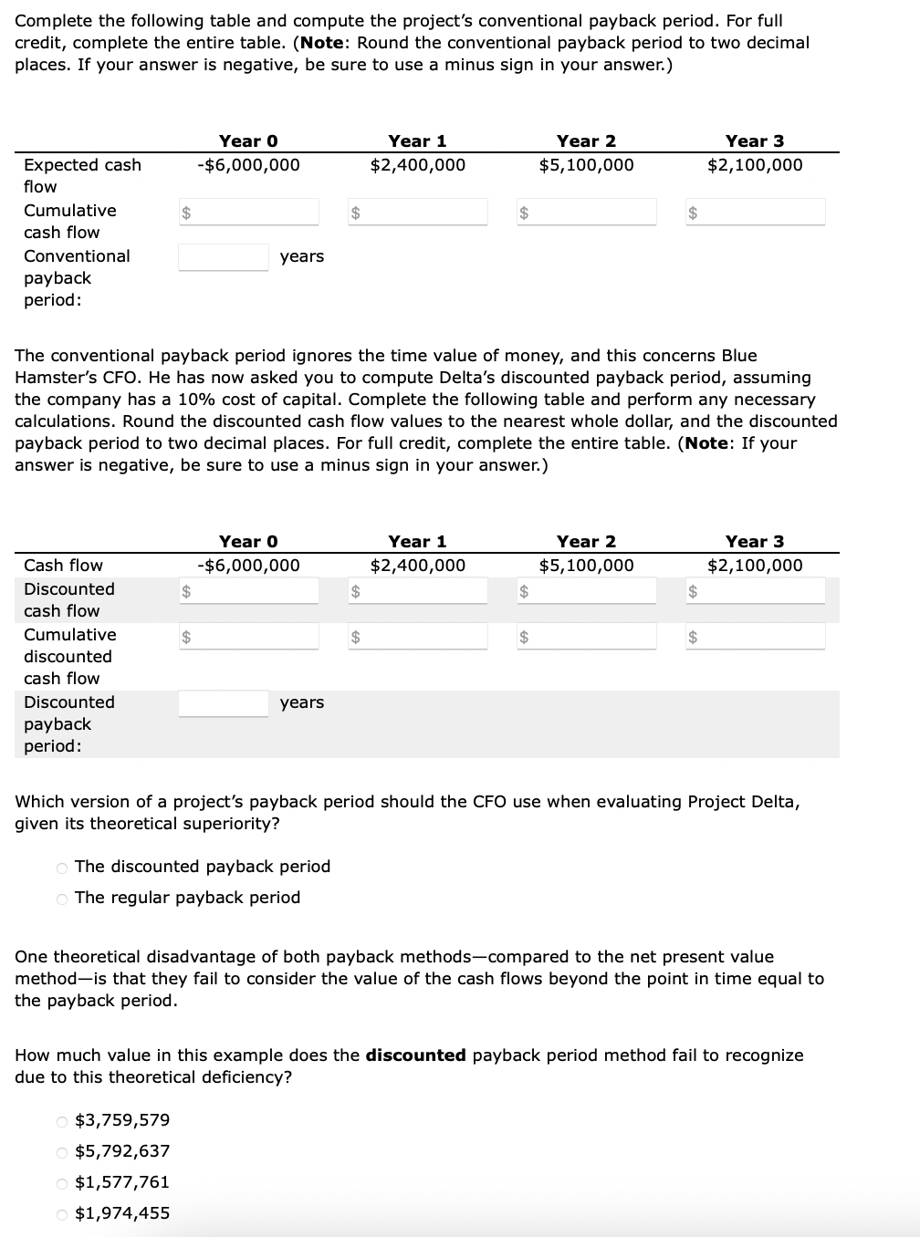 Complete the following table and compute the project's conventional payback period.