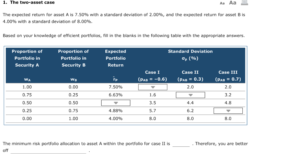 1. The two-asset case Aa Aa The expected return for asset
