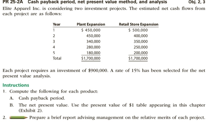 answer in format provided PR 25-2A Cash payback period, net present