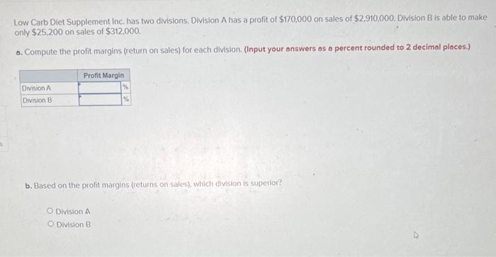  Low Carb Diet Supplement inc, has two divisions. Division A has