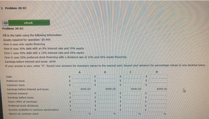  3. Problem 20-03 eBook Problem 20-03 Fill in the table using