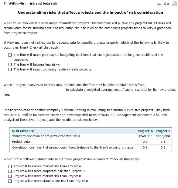 7. Within-firm risk and beta risk Aa Aa E Understanding risks