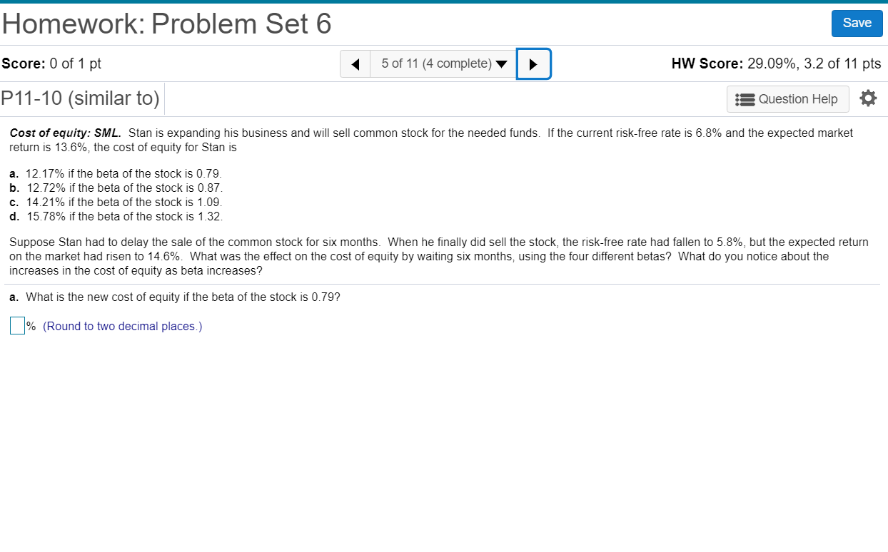Please provide cost of equity for abcd Homework: Problem Set 6 Save