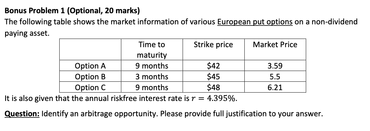  Bonus Problem 1 (Optional, 20 marks) The following table shows the