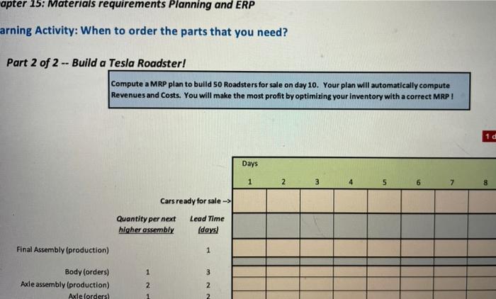  apter 15: Materials requirements Planning and ERP arning Activity: When to