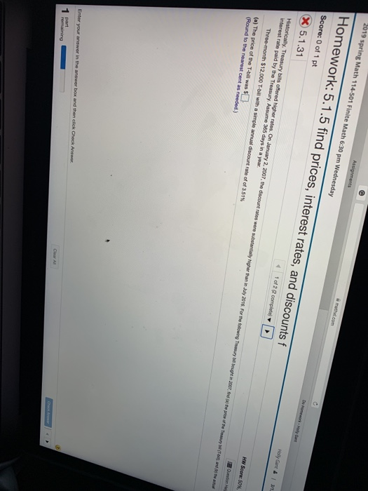  2019 spring Math 114-501 Finite Math 6:30 pm w Homework: 5.1.5