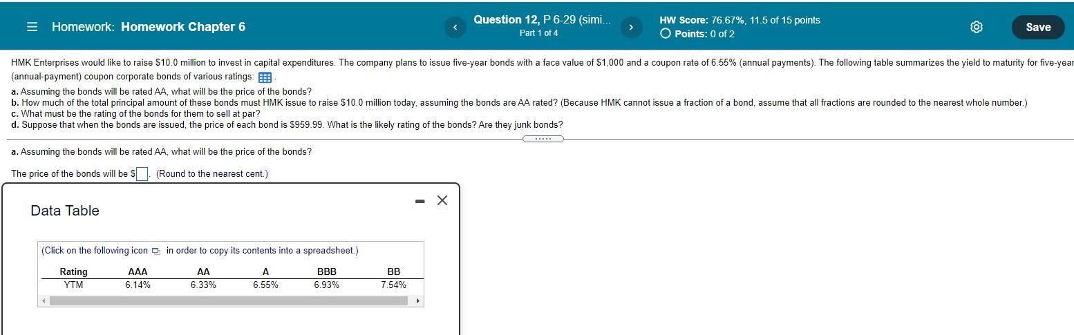 Question 12, P 6-29 (simi... = Homework: Homework Chapter 6 HW