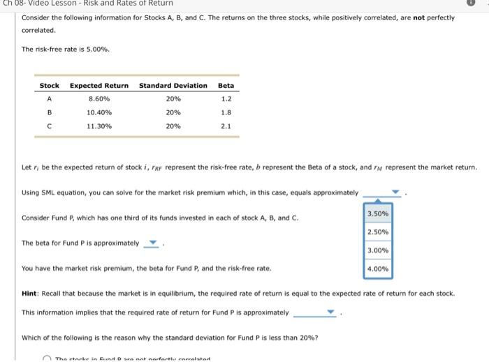 correlated, are not perfectly correlated. The risk-free rate is 5.00%. Let ri