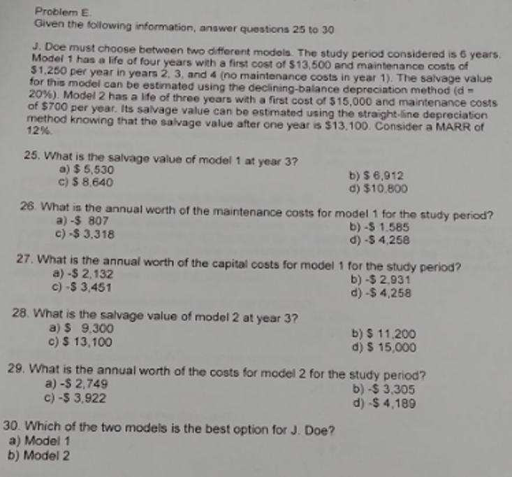  Problem E Given the following information, answer questions 25 to 30