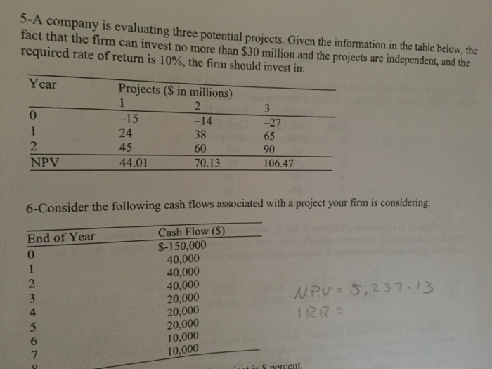  5-A company is evaluating three potential projects. Given the information in