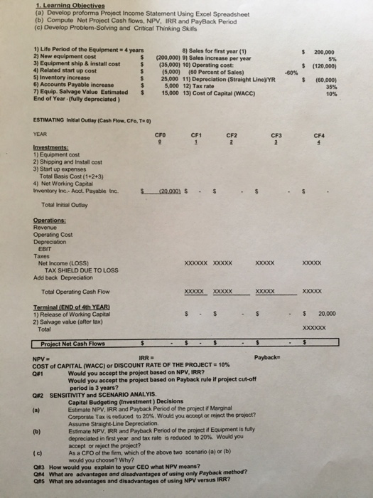  (a) Develop proforma Project Income Statement Using Excel Spreadsheet (b) Compute