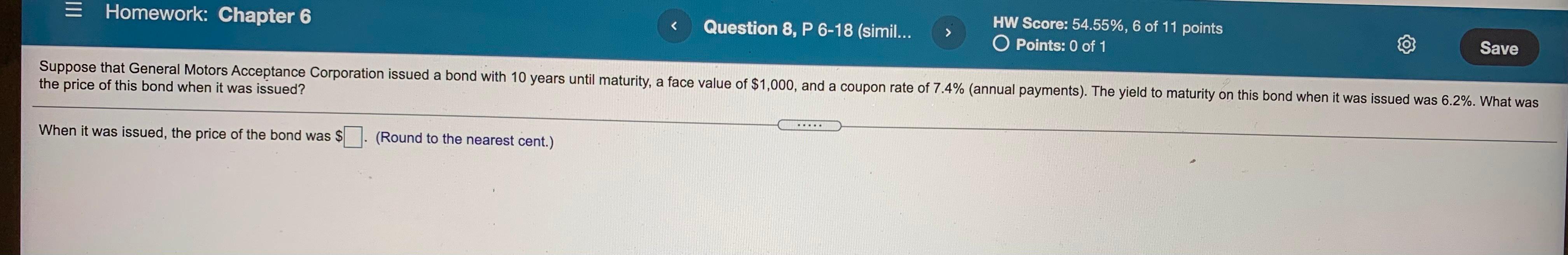  = Homework: Chapter 6 Question 8, P 6-18 (simil... HW Score: