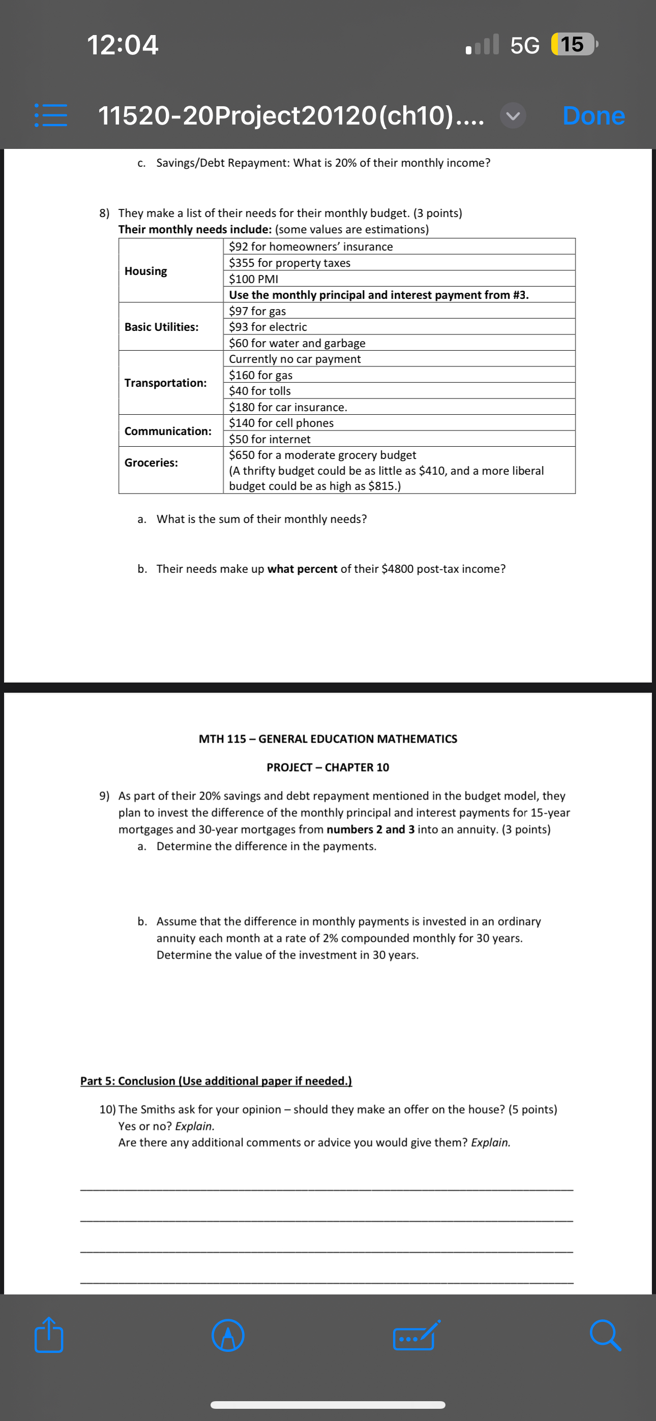  MTH 115- GENERAL EDUCATION MATHEMATICS PROJECT - CHAPTER 10 PROJECT #1(Ch10-