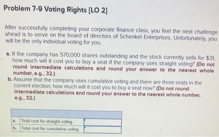  Problem 7-9 Voting Rights [LO 2] After successfully completing your corporate