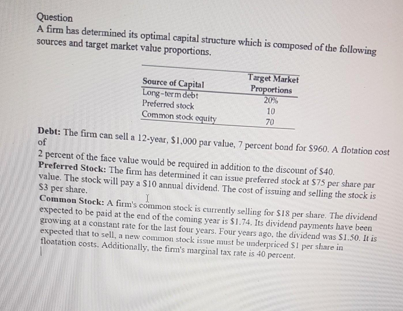  show all steps Question A firm has determined its optimal capital