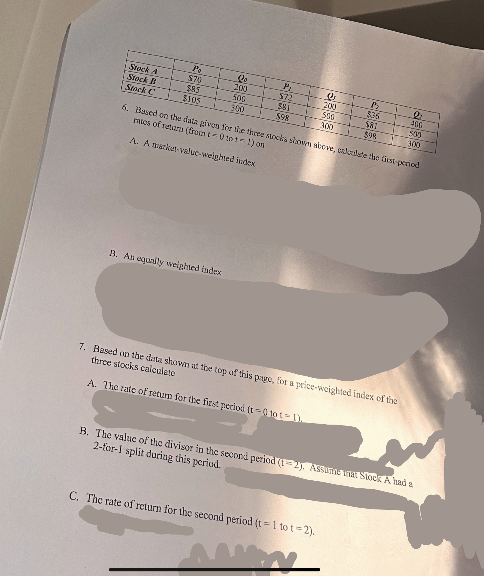 Based on the data given for the three stocks shown above, calculate