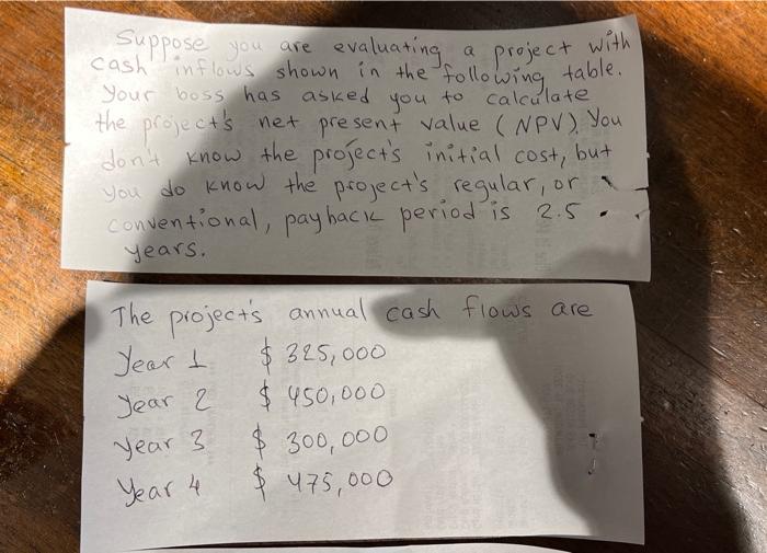  Suppose you are evaluating a project with cash inflows shown in