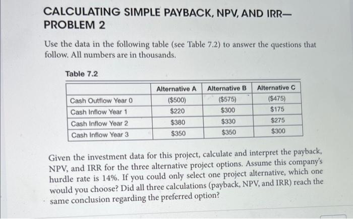  CALCULATING SIMPLE PAYBACK, NPV, AND IRRPROBLEM 2 Use the data in