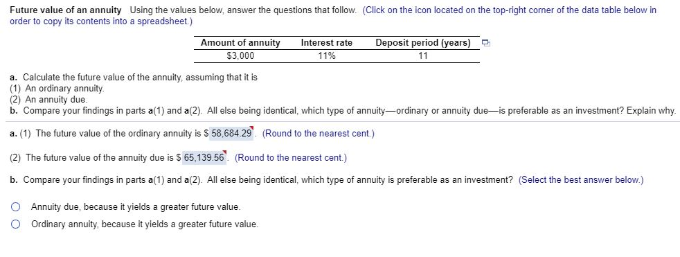 Future value of an annuity Using the values below, answer the