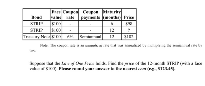  Consider information from the table. Face Coupon Coupon Maturity Bond value