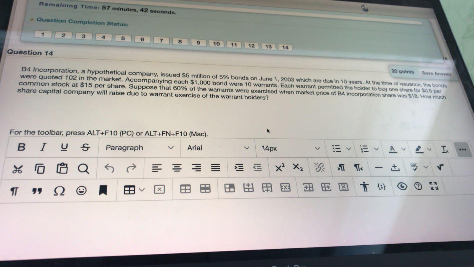 Remaining Time: 57 minutes, 42 seconds. Question Completion Status: 1 2