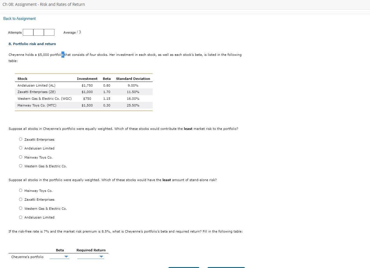 this is for class FIN 3403 Ch 08: Assignment - Risk and