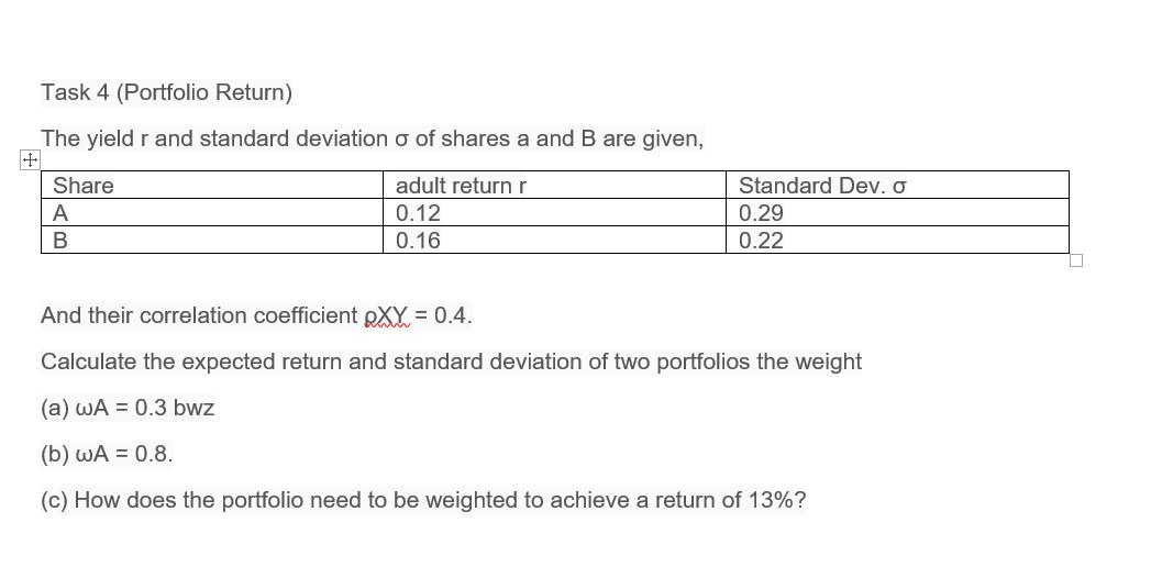 I need Task 5 Task 4 (Portfolio Return) The yield r and