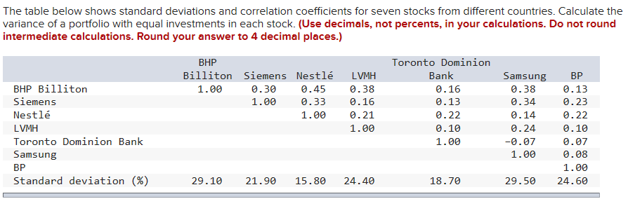  The table below shows standard deviations and correlation coefficients for seven