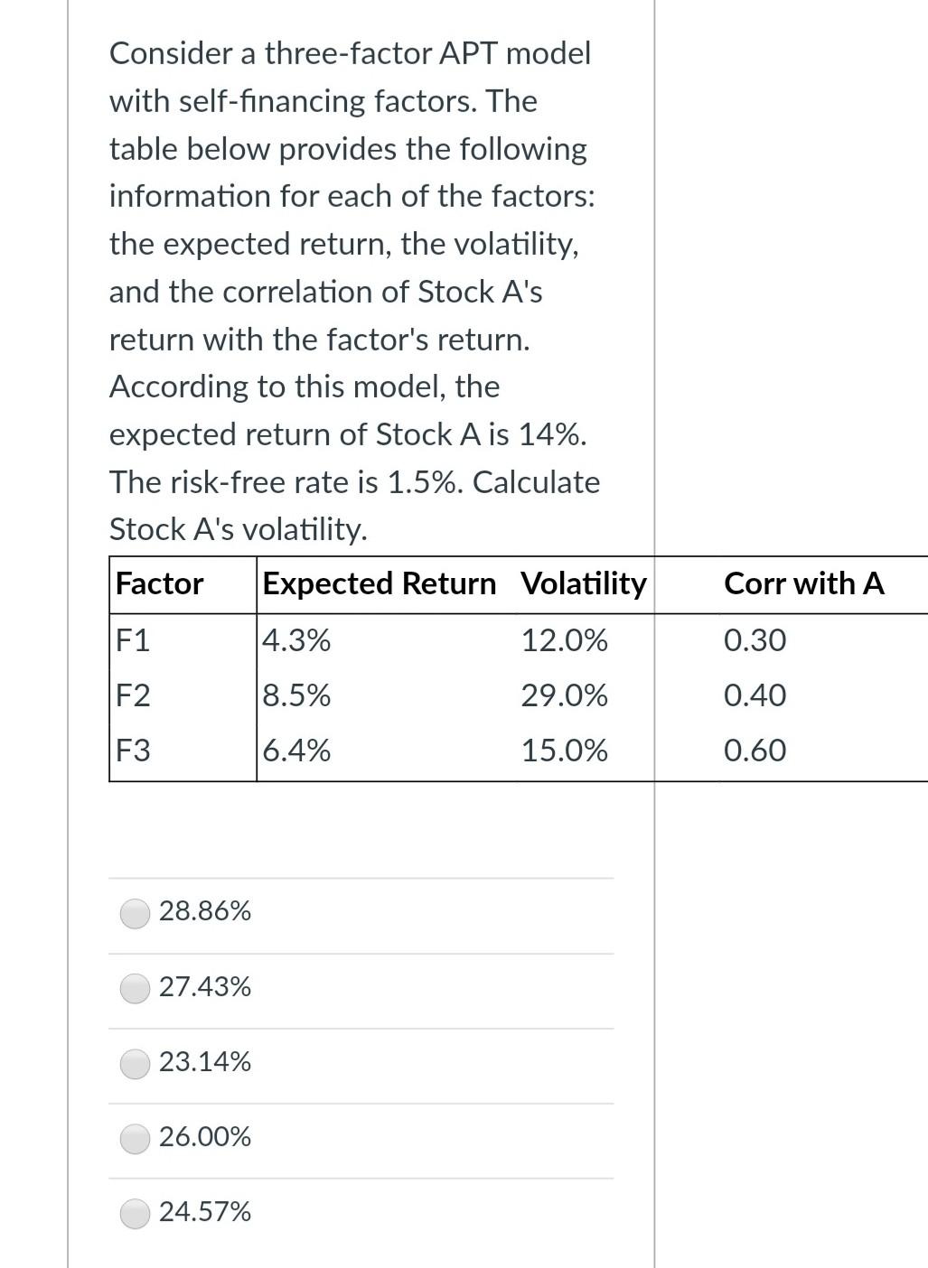  Consider a three-factor APT model with self-financing factors. The table below