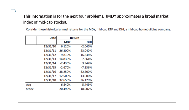 This information is for the next four problems. (MDY approximates a