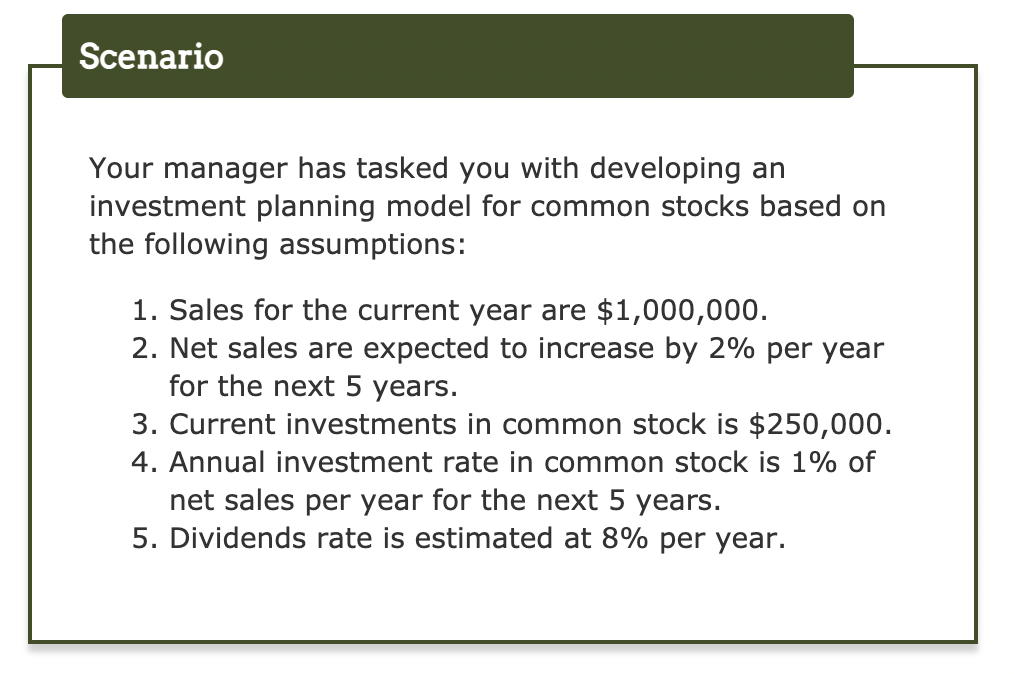  Create an investment planning model based on the assumptions given above.