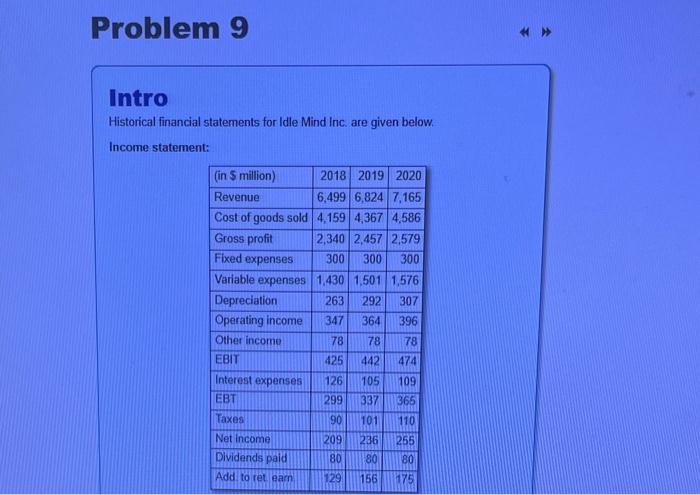  Problem 9. Please provide excel worksheets WITH AND WITHOUT FORMULAS. I