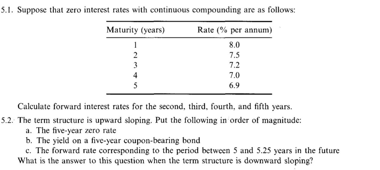 5.1. Suppose that zero interest rates with continuous compounding are as