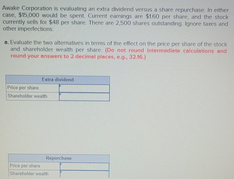  Awake Corporation is evaluating an extra dividend versus a share repurchase.