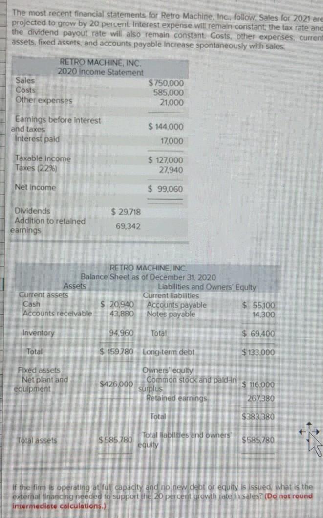please show all work and formulas The most recent financial statements