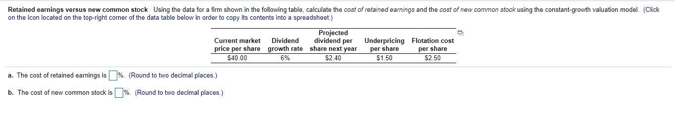 Retained earnings versus new common stock Using the data for a