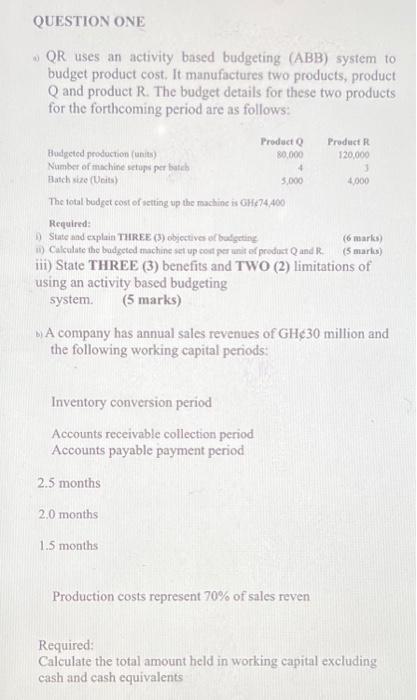  QUESTION ONE 80.000 + QR uses an activity based budgeting (ABB)