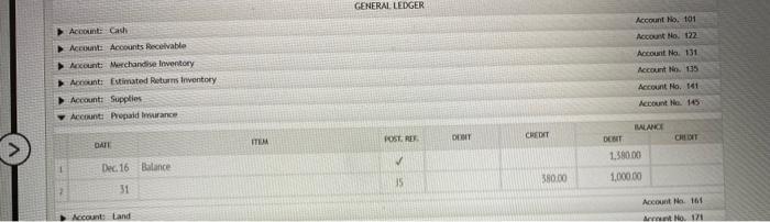 Accounts flecelvable Account: Merchandise Imventory GENERAL LEDGER Account: Cash Account 1ho. 101