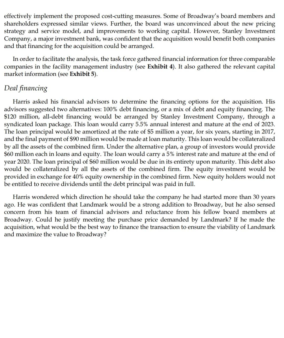 WACC ,value of acquisition, valuation post merger etc. You can choose to