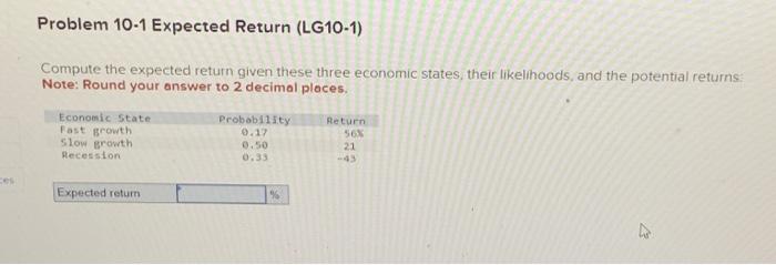  ces Problem 10-1 Expected Return (LG10-1) Compute the expected return given