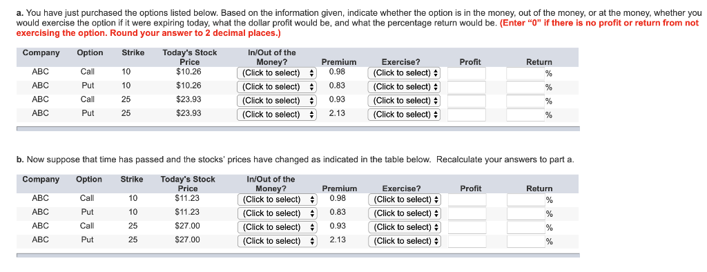 a. You have just purchased the options listed below. Based on